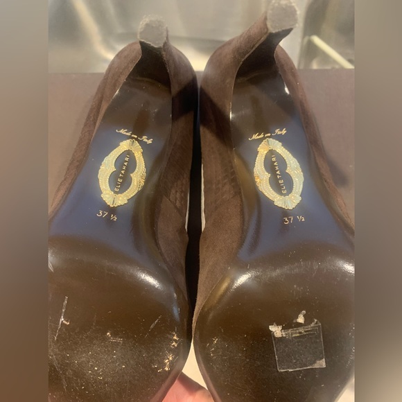 Elie Tahari Brown Suede Open Toe High Heel Pumps w Muted Gold Leather Trim Sz 7 - Picture 6 of 7